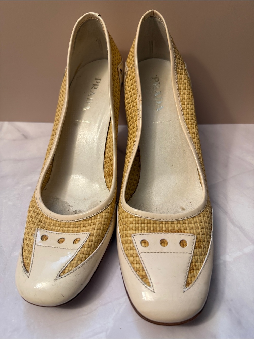 Prada Cream & Yellow Woven Leather Heels